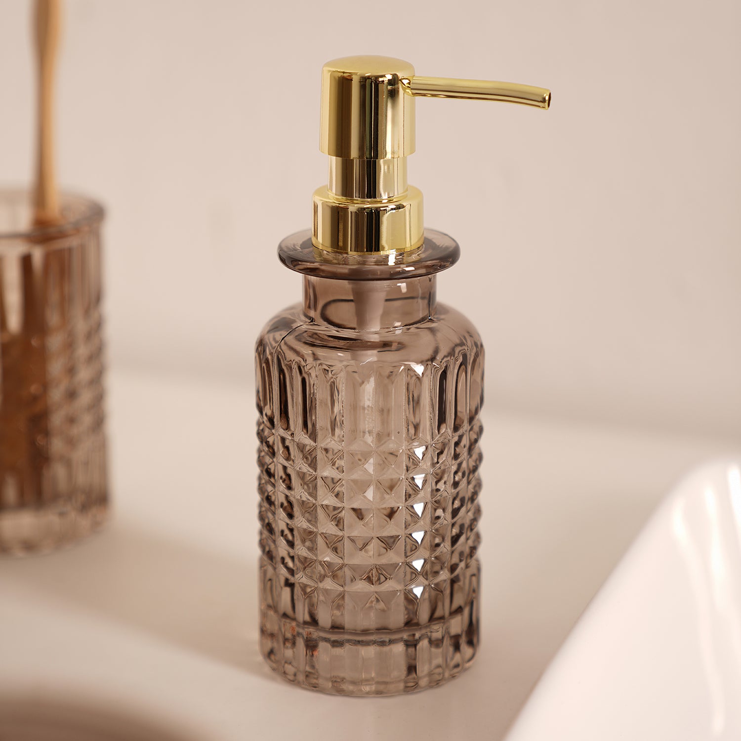 Brown store soap dispenser