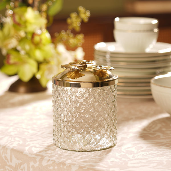 Clear Textured Glass Jar with Leaf Motif - Large