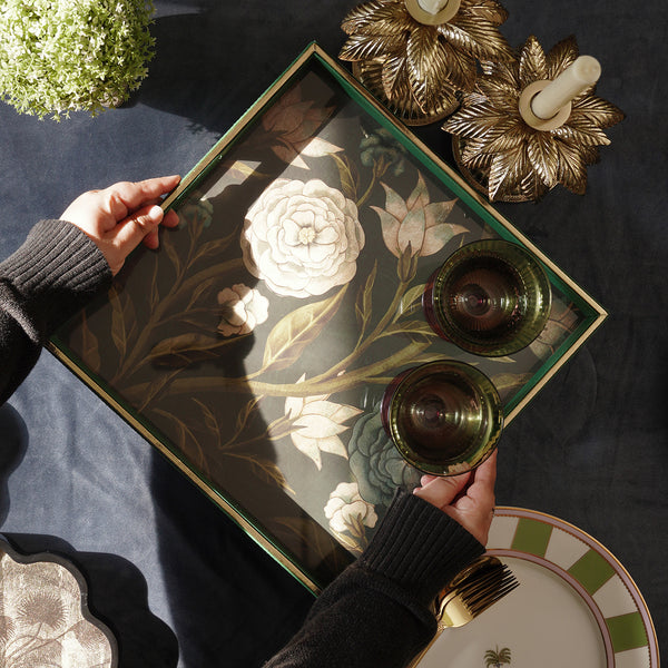 Green Faux Leather and Glass Serving Tray