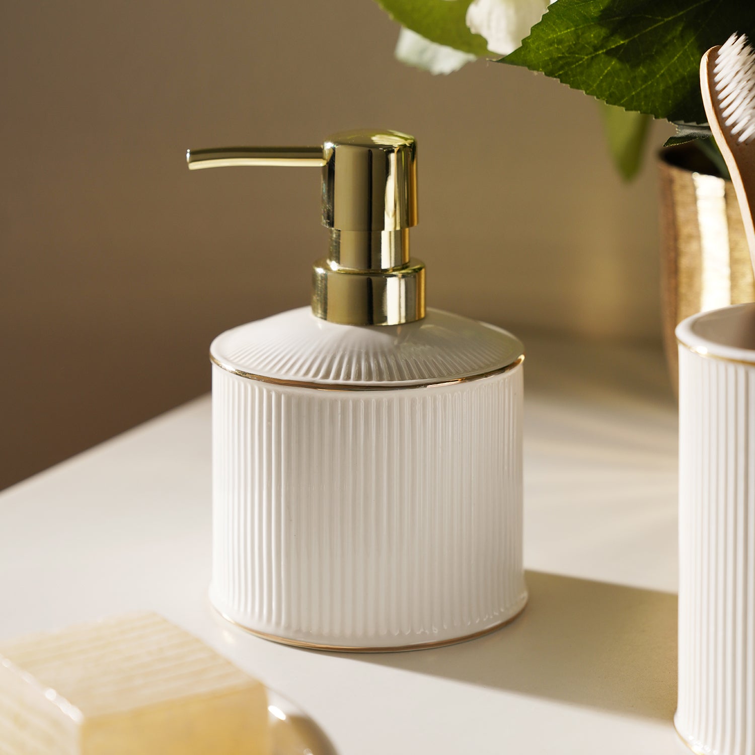 Shop White Ribbed Porcelain Soap Dispenser at Best Price Online