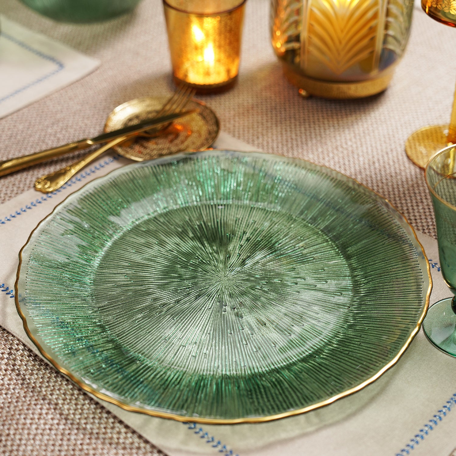 Shop Set of 2 Dark Green Radial Glass Charger Plates at Best