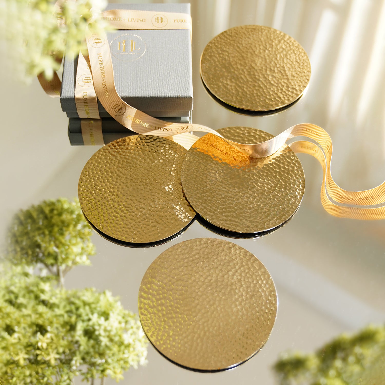 Pure Home + Living Set of 4 Gold Metal Hammered Round Coasters