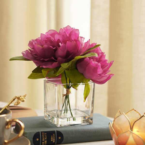 Pink Artificial Peony with Glass Vase