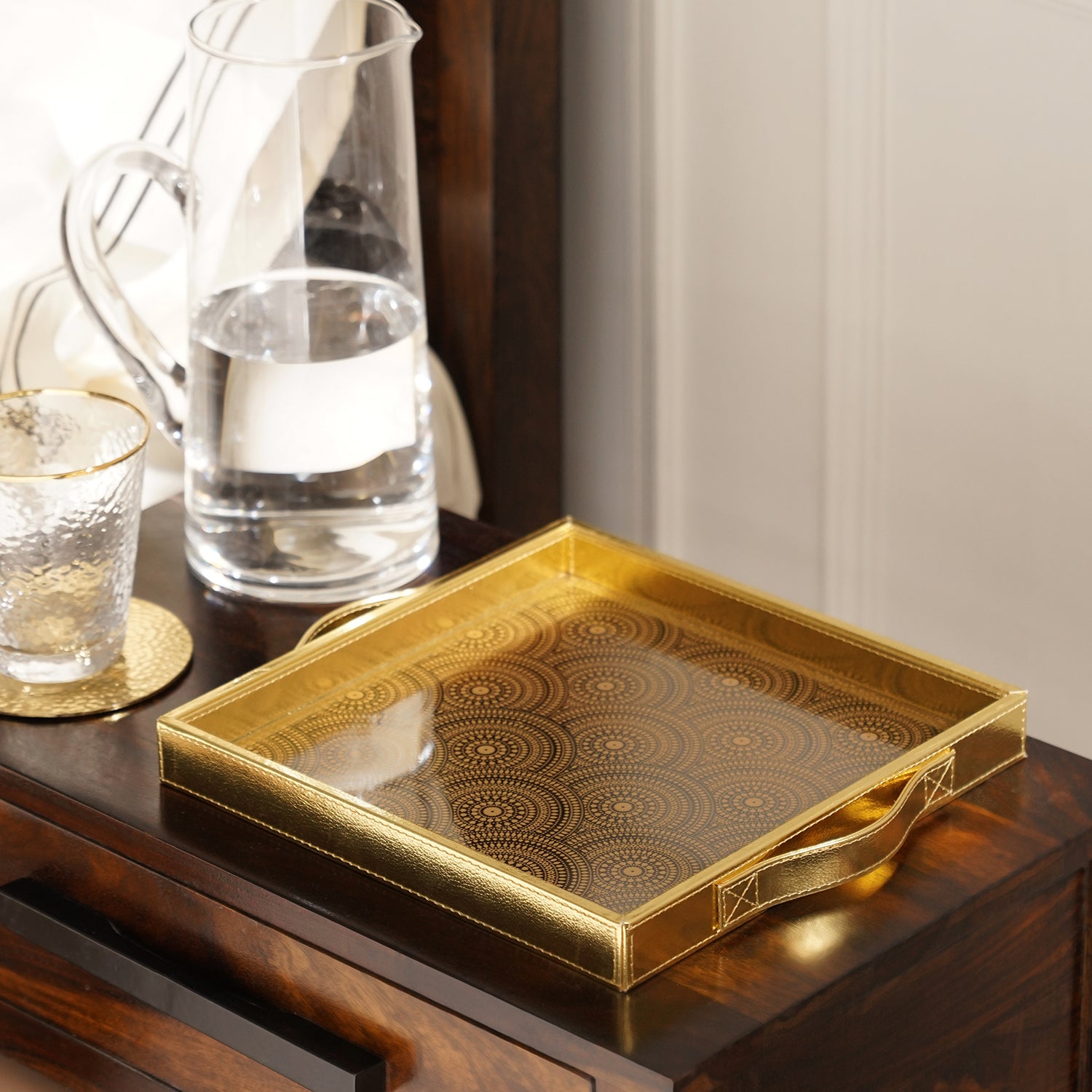 Shop Gold Printed Glass Square Faux Leather Tray - at Best Price Online in  India