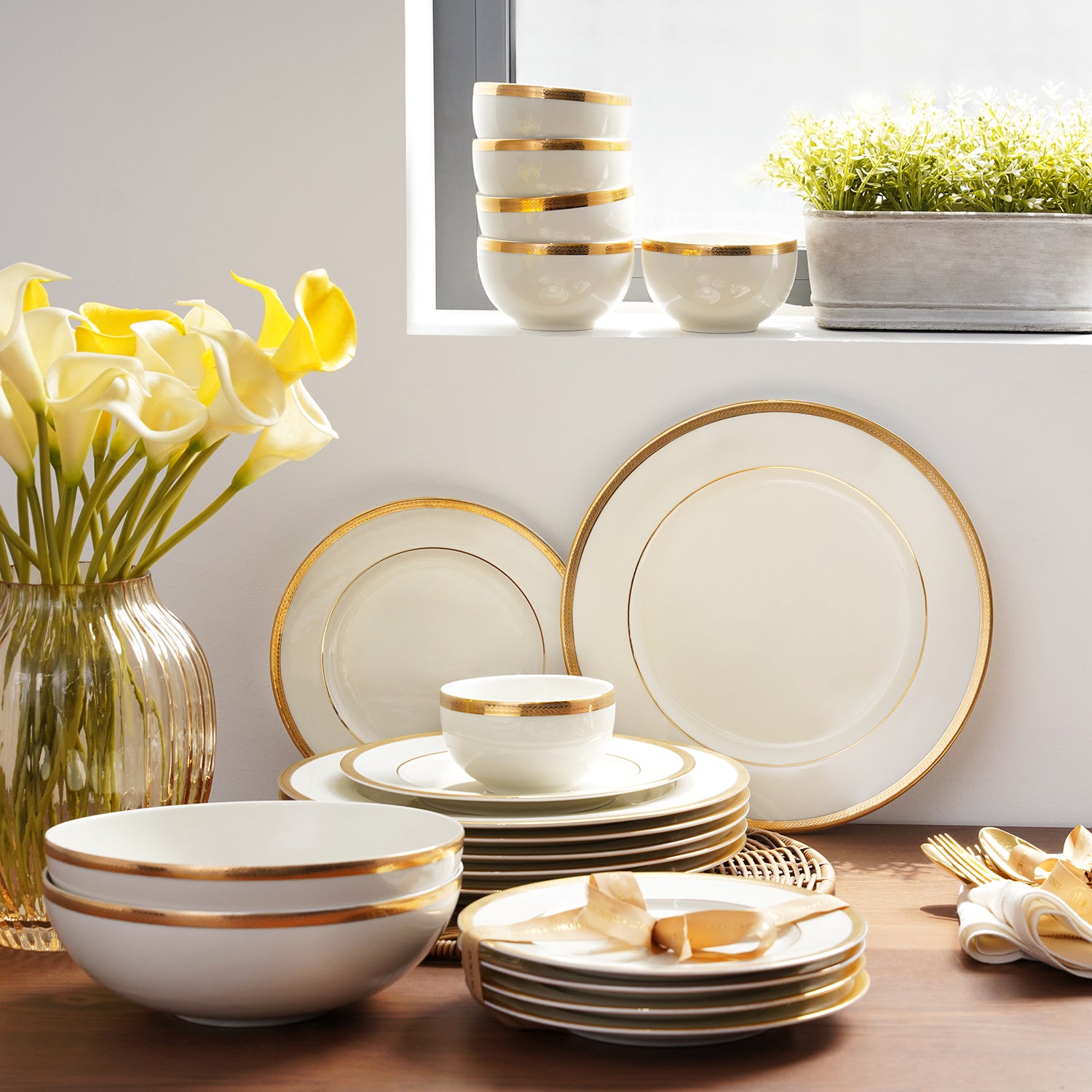 Shop Set of 20 Ivory Gold Rimmed Ceramic Dinnerware at Best Price Online in India