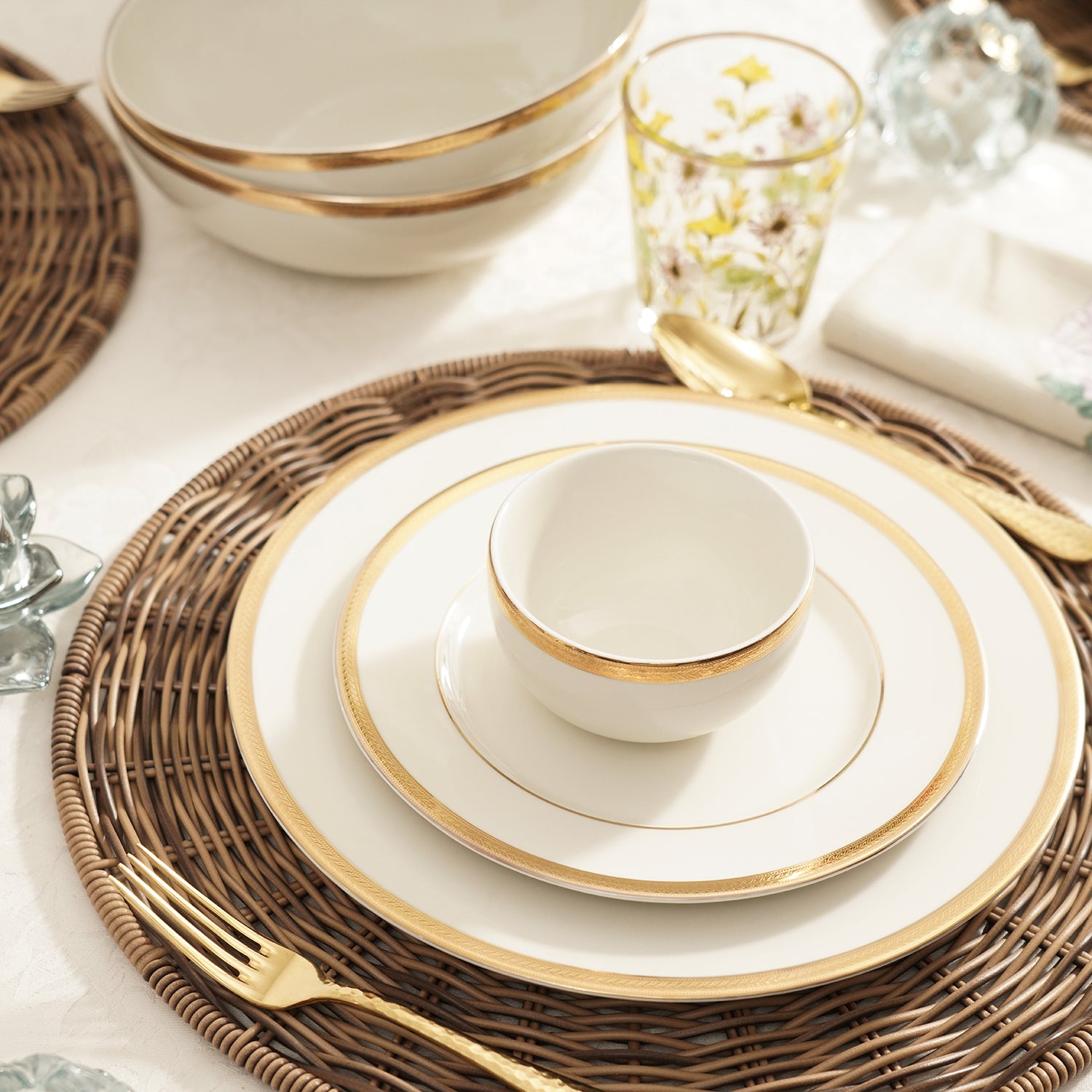 Shop Set of 20 Ivory Gold Rimmed Ceramic Dinnerware at Best Price Online in India