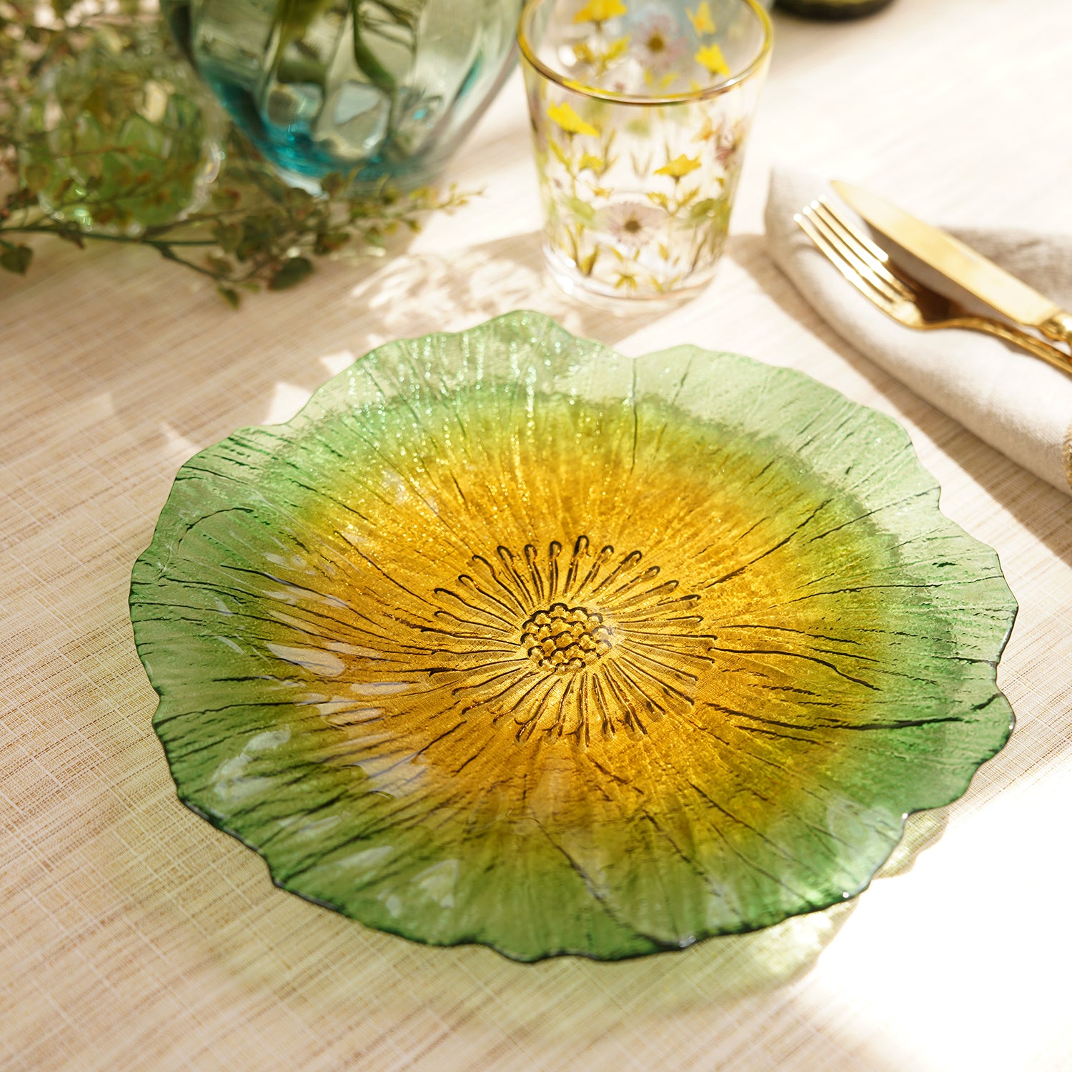 Shop Set of 2 Green and Yellow Floral Shaped Glass Dinner Plates at Best Price Online in India