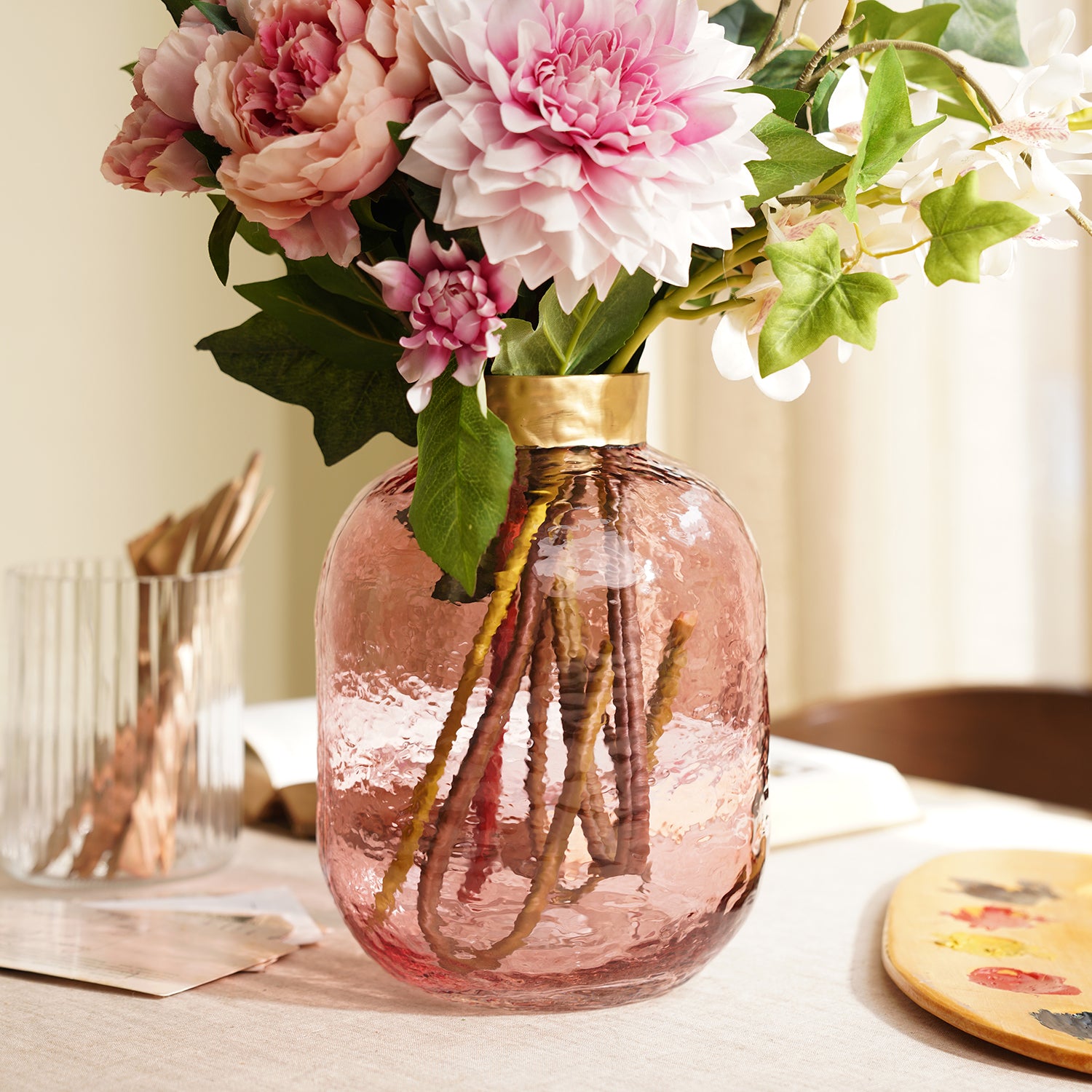 Pink Flowered Vase With popular Gold Trim