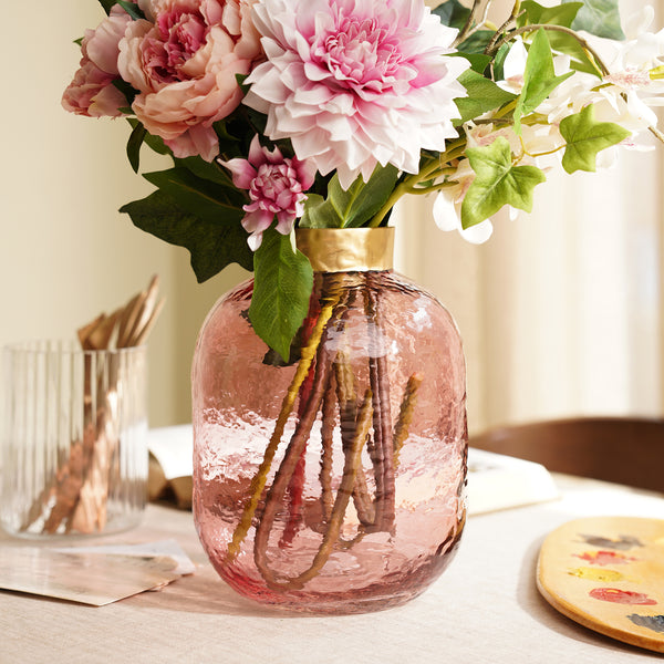 Pink Round Hammered Glass Vase with Gold Rim - Small