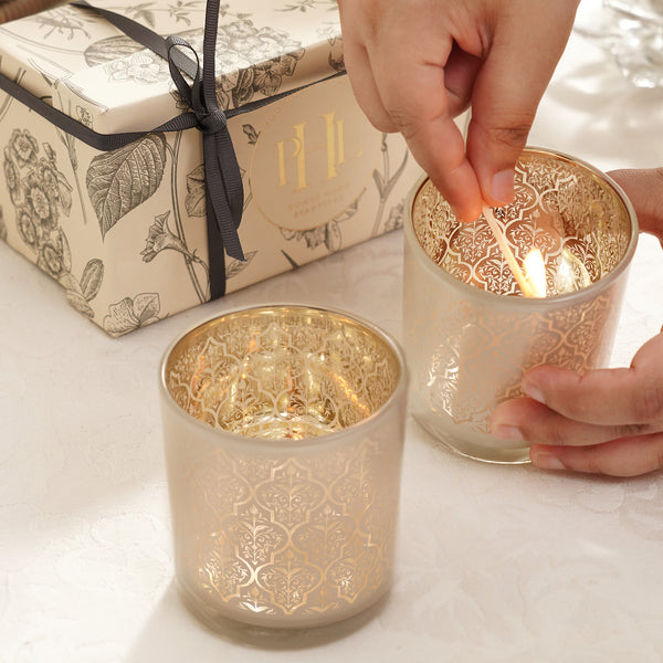 Set of 2 Pearl and Gold Patterned Glass Votives - Small