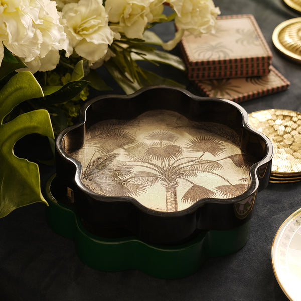 Gold & Black Palmier Print Scallop Edge Lacquer Tray - Small