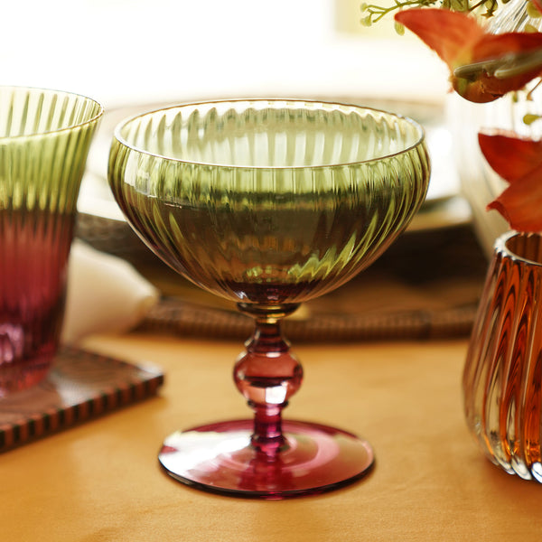 Set of 2 Green & Burgundy Rosavera Ribbed Texture Champagne Coupes