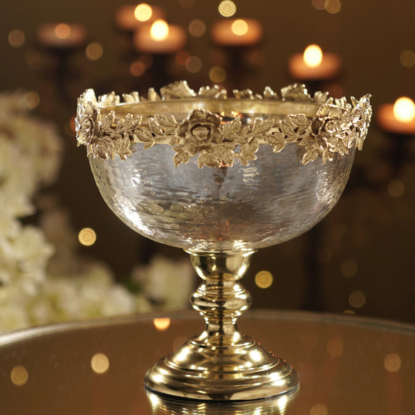 Amber & Gold Glass Hammered Bowl with Stand - Small