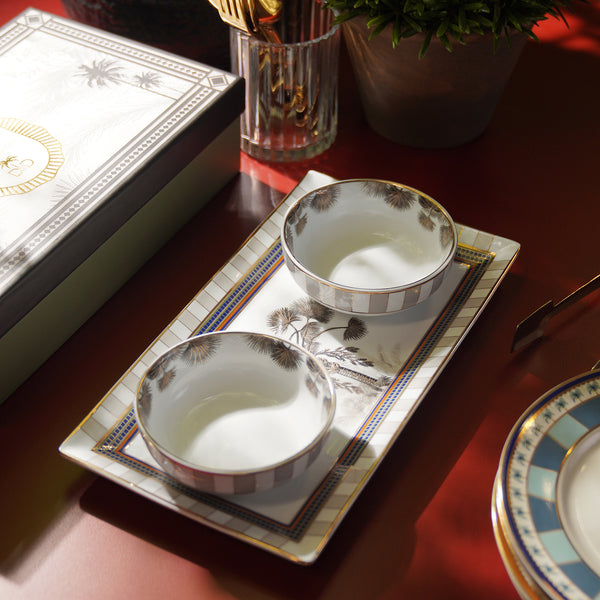 Beige & White Palmier Print Rectangular Porcelain Tray with Bowls