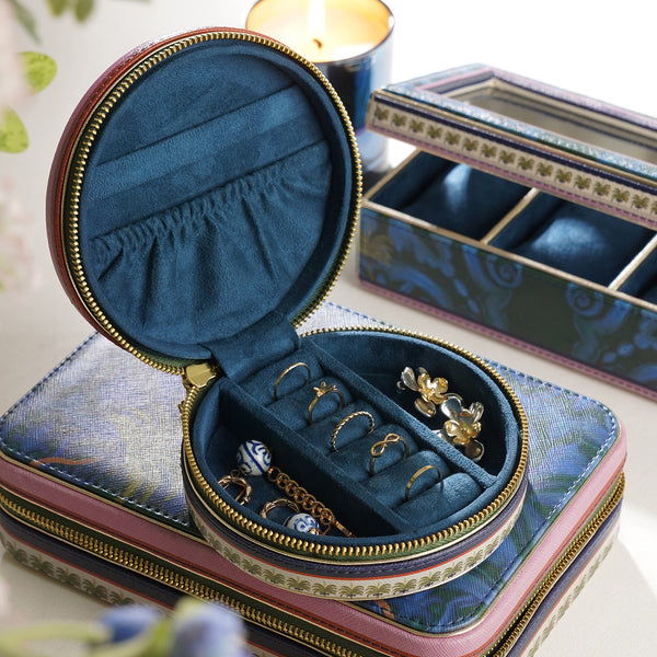 Dark Blue Palmas Printed Faux Leather Round Jewellery Box