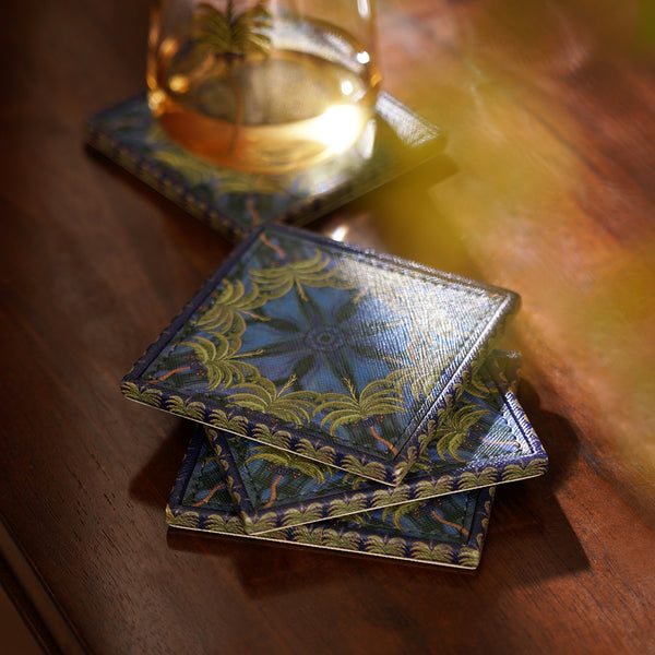 Set of 4 Dark Blue Palmas Printed Faux Leather Coasters