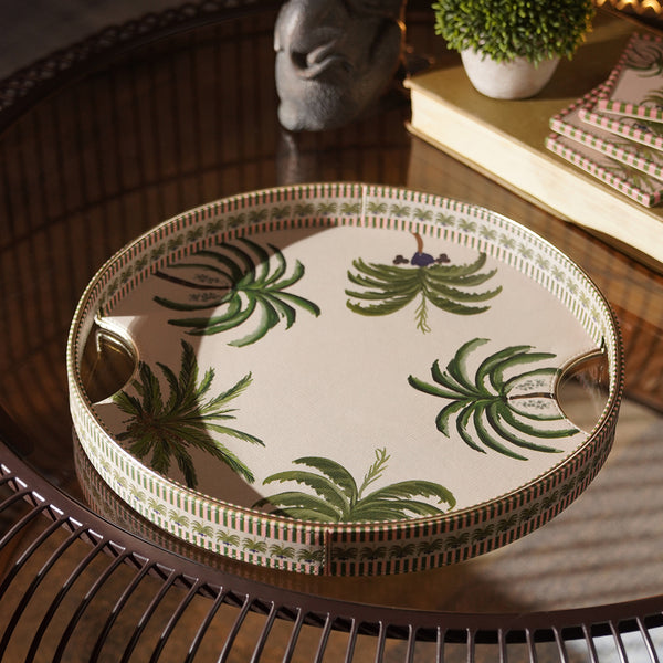 Beige & Green Palmero Printed Round Faux Leather Tray