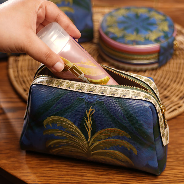 Dark Blue Palmas Printed Faux Leather Vanity Pouch - Small