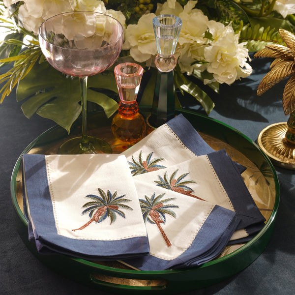 Set of 4 Blue Palm Motif Linen Napkins