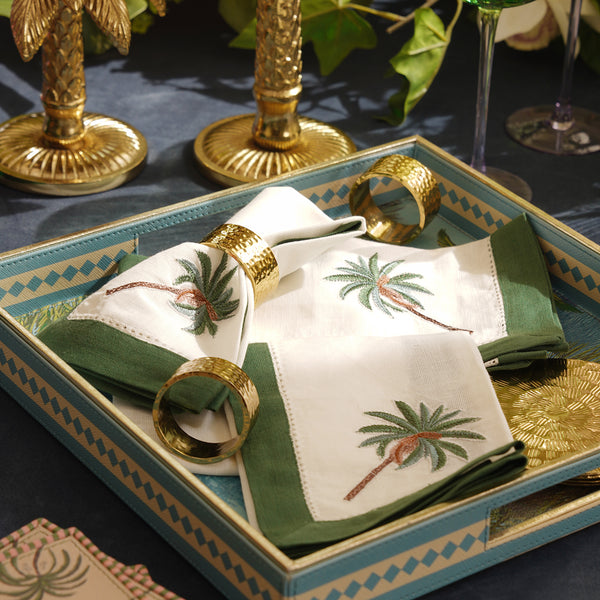 Set of 4 Green Palm Motif Linen Napkins