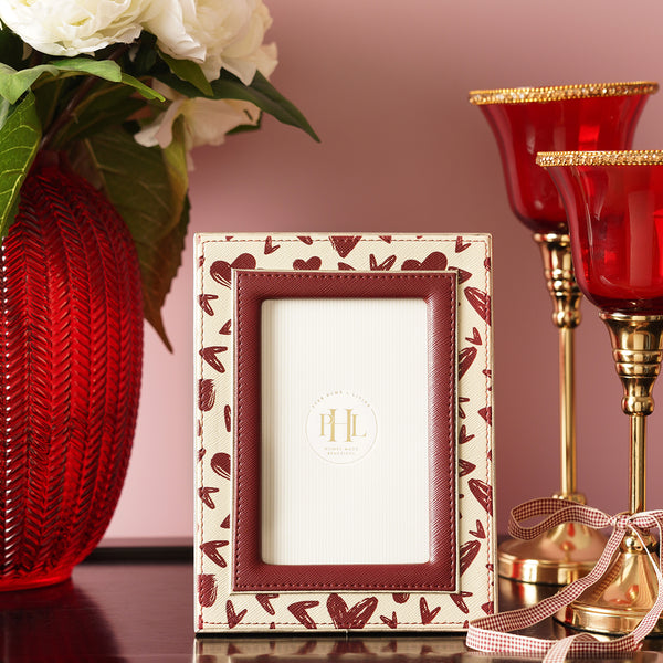 Deep Red & Ivory Printed Faux Leather Photo Frame