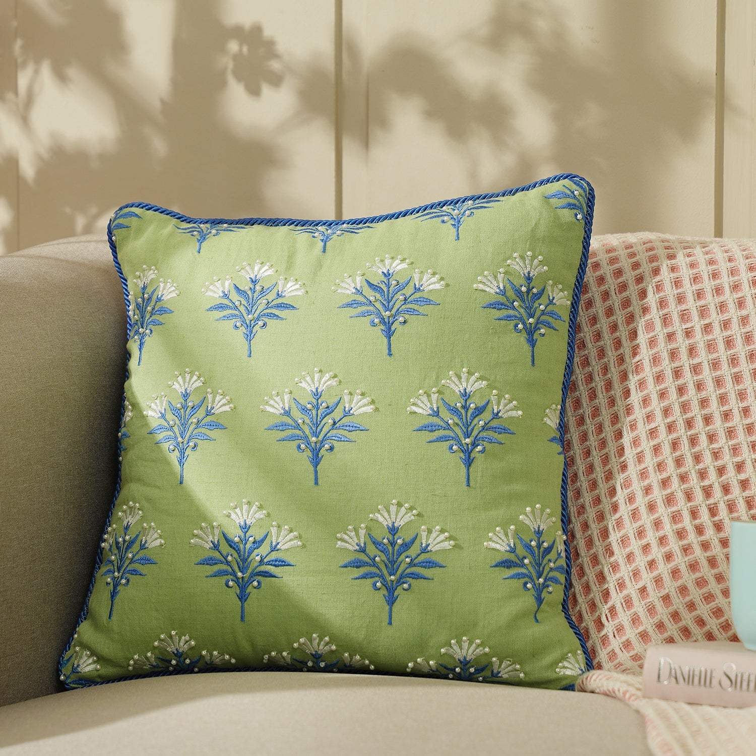 Green embroidered cushion hotsell